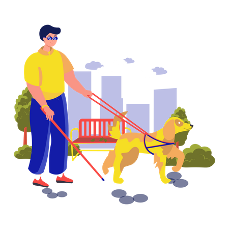 Homem cego andando com cão-guia na rua  Ilustração