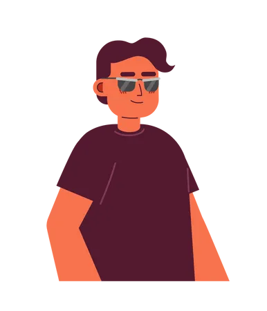 Personagem De Desenho Animado 2 D De Oculos De Sol Cego Homem Cego Hispanico Vestindo Camiseta Preta Isolado Fundo Branco De Pessoa Vetorial Cara Indiano Legal Com Deficiencia Visual Ilustracao De Ponto Plano Colorido Ilustração