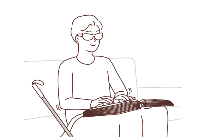 Homem cego lendo livro em braile  Ilustração