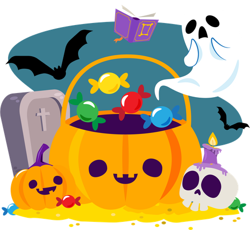 Abóbora Jack o Latern com doces e personagem de Halloween  Ilustração