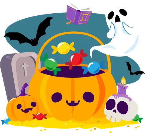 Abóbora Jack o Latern com doces e personagem de Halloween  Ilustração