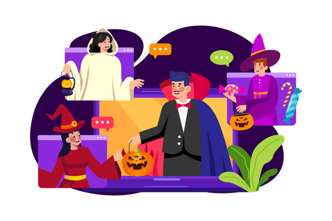 Celebração on-line do dia das bruxas  Ilustração