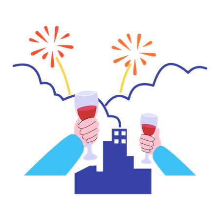 Celebración de año nuevo con bebida.  Ilustración
