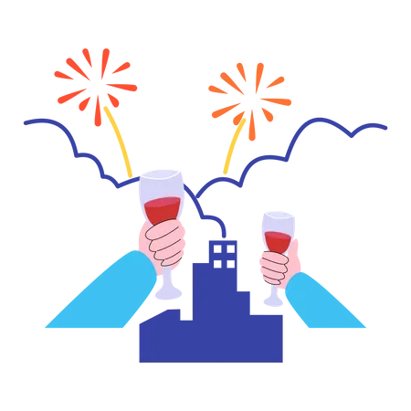 Celebración de año nuevo con bebida.  Ilustración