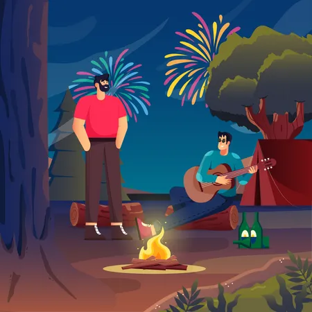 Celebración de año nuevo en el camping.  Ilustración