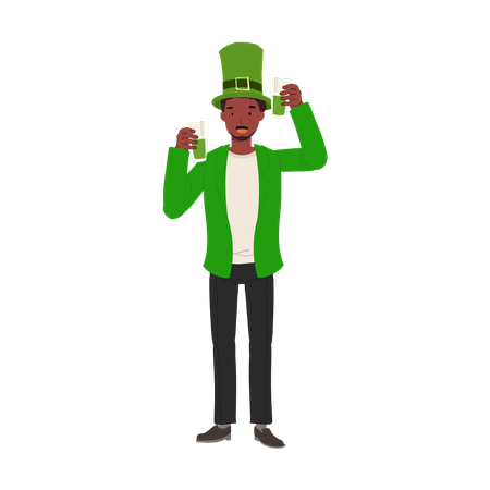 Celebración del día de San Patricio con cerveza verde, hombre sonriente celebrando con cerveza verde  Ilustración