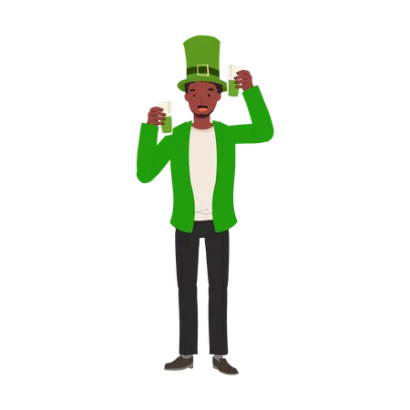 Celebración del día de San Patricio con cerveza verde, hombre sonriente celebrando con cerveza verde  Ilustración