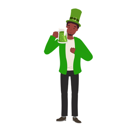 Celebración del día de San Patricio con cerveza verde, hombre sonriente celebrando con cerveza verde  Ilustración