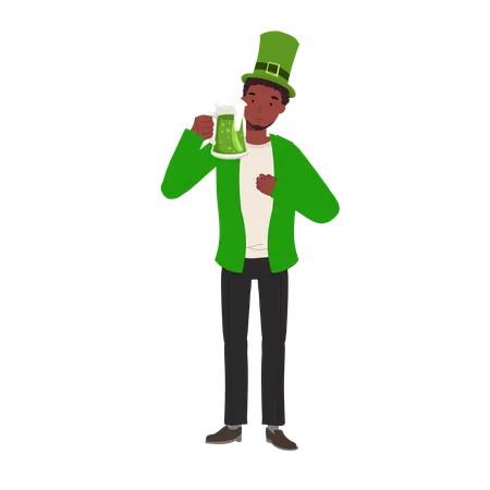 Celebración del día de San Patricio con cerveza verde, hombre sonriente celebrando con cerveza verde  Ilustración