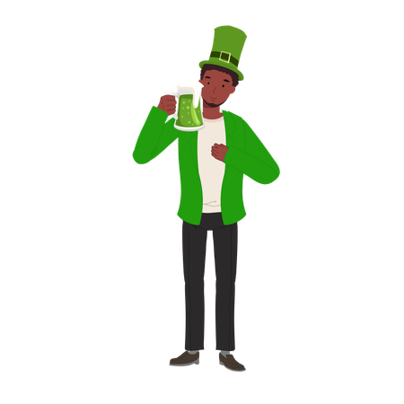 Celebración del día de San Patricio con cerveza verde, hombre sonriente celebrando con cerveza verde  Illustration