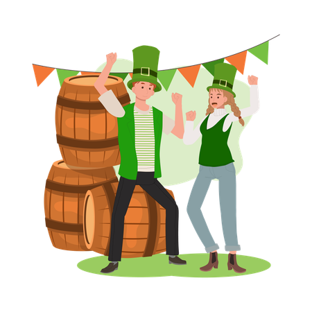 Celebración del Día de San Patricio. Hombre y mujer bailando en alegres festividades  Ilustración