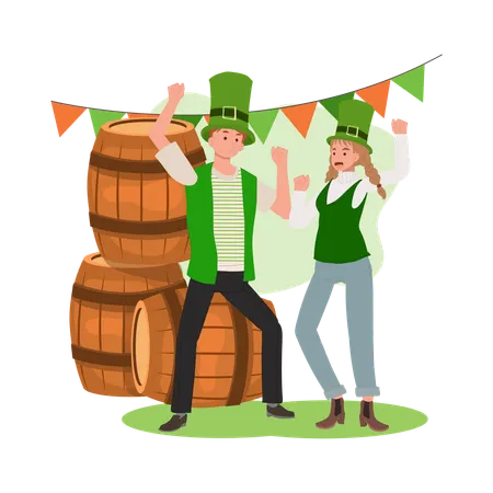 Celebración del Día de San Patricio. Hombre y mujer bailando en alegres festividades  Ilustración