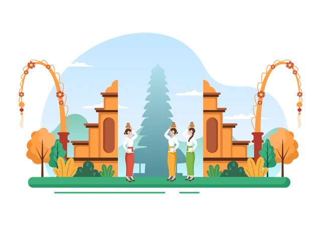 Feliz Dia De Nyepi O Silencio De Bali Para Las Ceremonias Hindues En Bali Con Galungan Kuningan Y Ngembak Geni En El Fondo De La Ilustracion Del Templo Ilustración