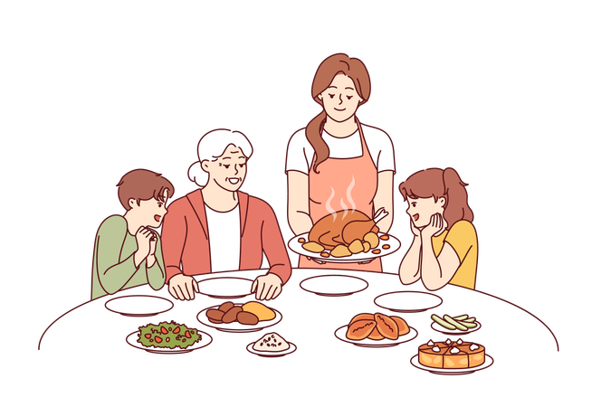 Celebración familiar de acción de gracias con cena conjunta y deliciosas tradiciones pavo.  Ilustración