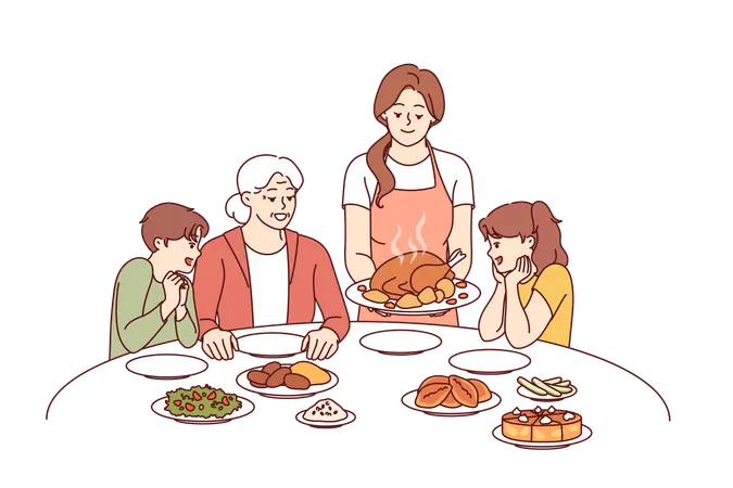 Celebración familiar de acción de gracias con cena conjunta y deliciosas tradiciones pavo.  Ilustración