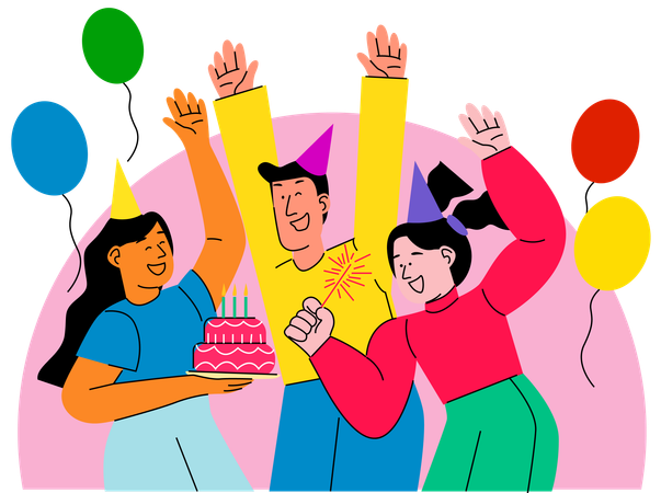 Celebración grupal festiva con pastel de cumpleaños, globos y un ambiente alegre.  Ilustración
