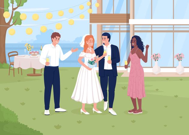 Comemorando evento de casamento no quintal  Ilustração