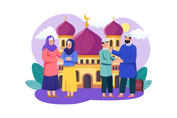 Celebre Eid Mubarak frente a la mezquita  Ilustración