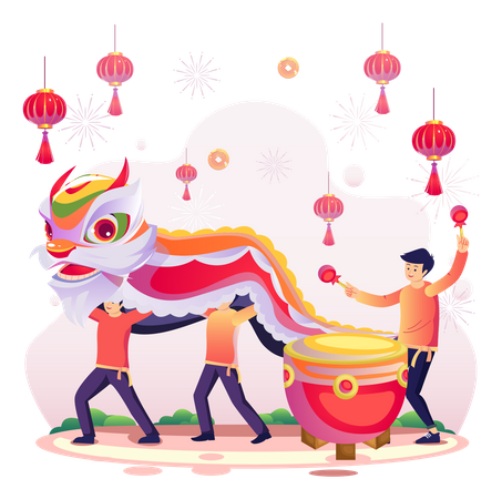 Celebrate Chinese New Year With Asian Children Playing With A Chinese Dancing Lion And A Drummer Beating Drum, Fireworks. Flat Vector  Illustration