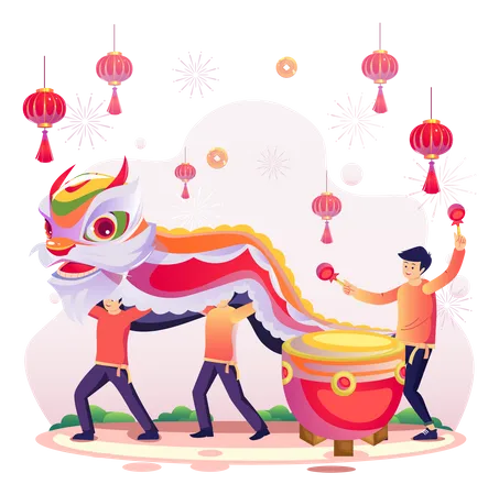 Celebrate Chinese New Year With Asian Children Playing With A Chinese Dancing Lion And A Drummer Beating Drum, Fireworks. Flat Vector  Illustration