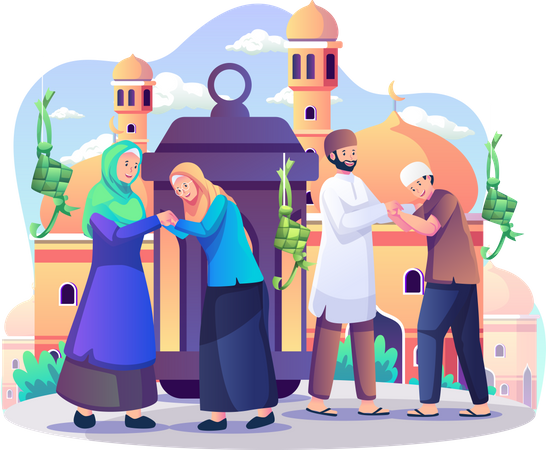 Celebrate Eid Mubarak in the front of mosque  Illustration