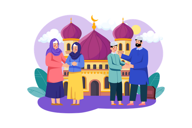Celebrate Eid Mubarak in the front of mosque Illustration