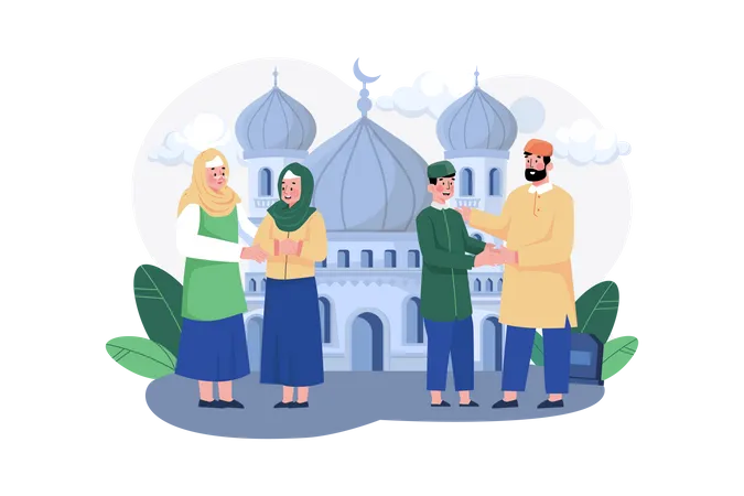 Celebrate Eid Mubarak in the front of mosque Illustration