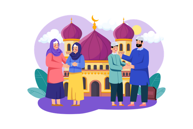 Celebrate Eid Mubarak in the front of mosque  Illustration