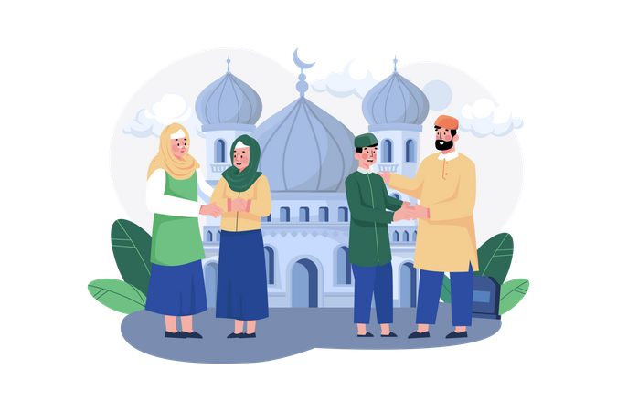 Celebrate Eid Mubarak in the front of mosque  Illustration