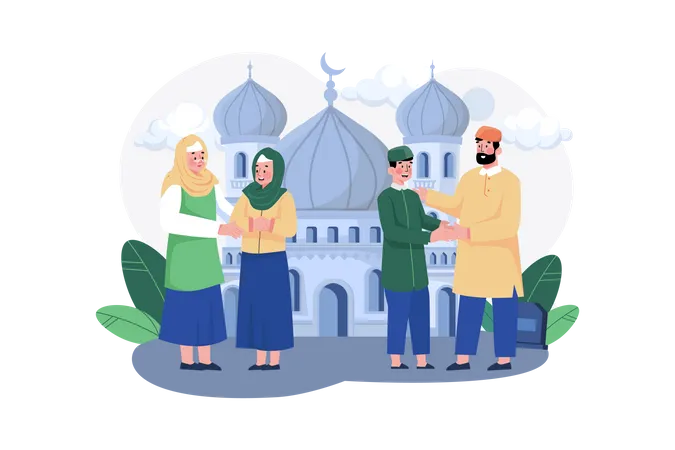 Celebrate Eid Mubarak in the front of mosque  Illustration