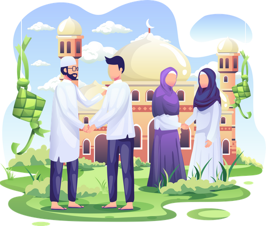 Celebrate Eid Mubarak in the front of mosque  Illustration