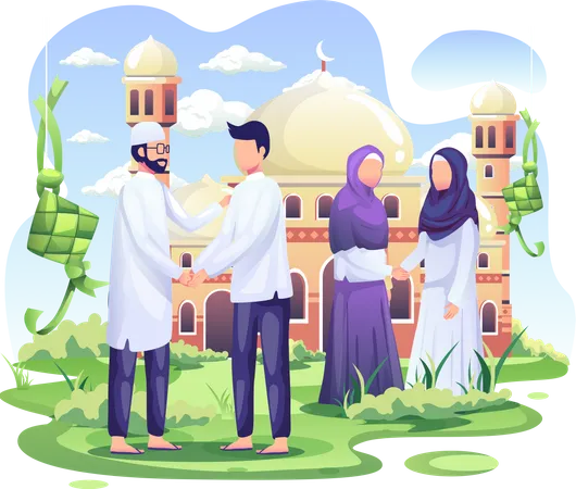 Celebrate Eid Mubarak in the front of mosque  Illustration