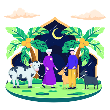 Celebrate Eid Mubarak in the front of mosque  Illustration