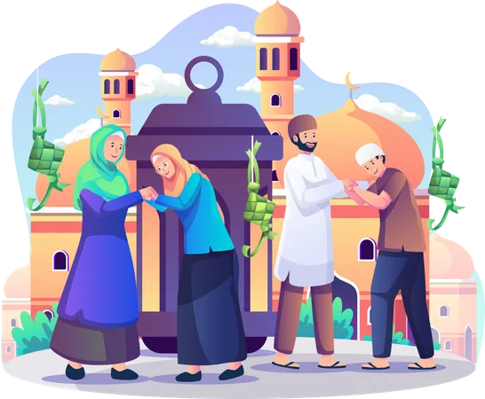 Celebrate Eid Mubarak in the front of mosque  Illustration