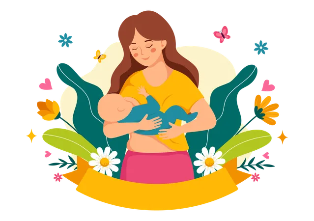 세계 모유 수유 주간 벡터 일러스트레이션 플랫 스타일 만화 배경 디자인에서 아기가 모유로 수유하는 모습을 묘사 일러스트레이션