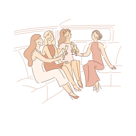 Women Sitting In Elite Car With Glasses Celebrating Bachelorette Party With Girlfriends Having Toast In Seat Of Limo Banner Drinking Alcohol Cartoon Concept Sketch Flat Vector Illustration Illustration