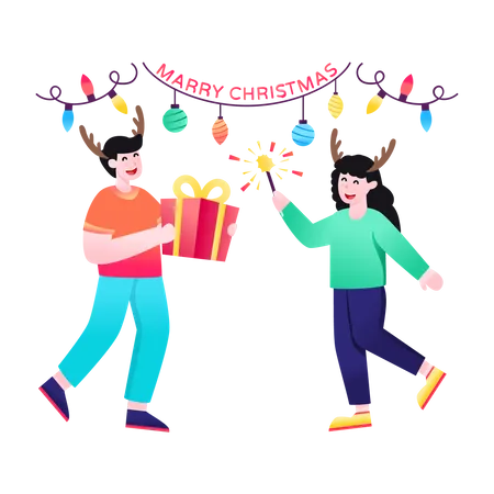 Celebrating Christmas by giving gift  イラスト