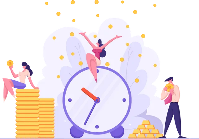 Money Time Concept With Alarm Clock And Business People Characters Celebrating Financial Income Business Development Money Saving With Businessmen Vector Flat Cartoon Illustration Illustration