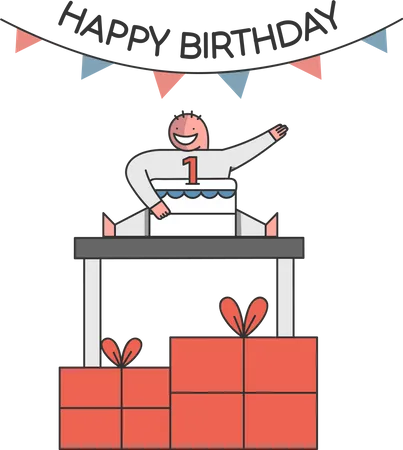 Birthday Celebration Concept Child Celebrate His First Birthday With Big Cake With Number One On The Top Gift Boxes On The Floor And Decorations Cartoon Outline Linear Flat Vector Illustration イラスト