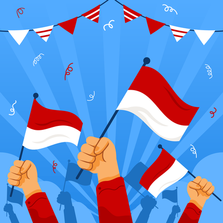 Celebrating Indonesia independence day by rising national flag  Illustration