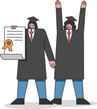 Concept Of University Courses And Graduation Students Celebrate The End Of Academy Training Man And Woman In Academic Dresses Hold A Diploma Cartoon Linear Outline Flat Style Vector Illustration Illustration