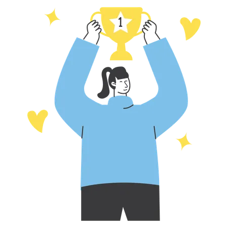 Celebrating Victory with Trophy in Hand  Illustration