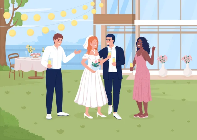 Celebrating wedding event in backyard  Illustration