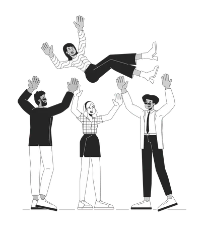 Celebrating Peers Achievement Black And White Cartoon Flat Illustration Happy Multiracial Team Throwing Leader In Air 2 D Lineart Characters Isolated Great Achievement Scene Vector Color Image Illustration