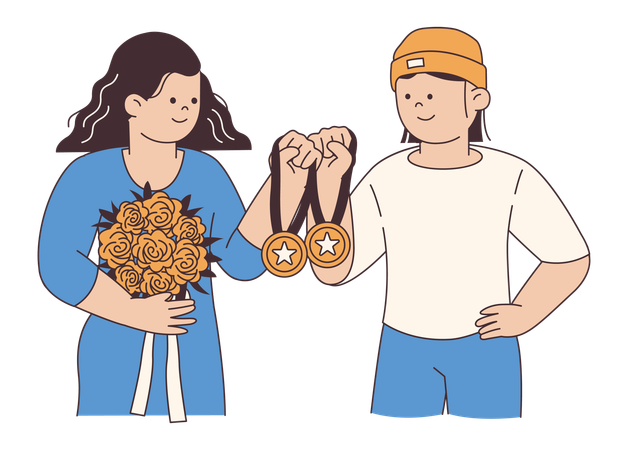 Celebration of Achievements with Flowers and Medals  Illustration