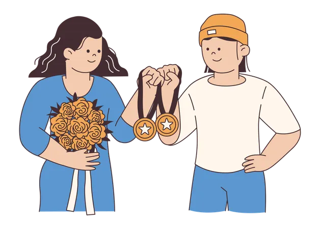 Celebration of Achievements with Flowers and Medals  Illustration