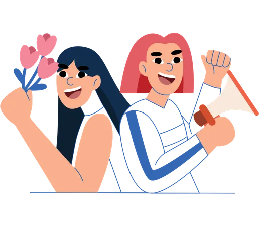 Featuring Two Cheerful Women One Holding Flowers And The Other A Megaphone This Illustration Represents The Importance Of Womens Voices And The Celebration Of Their Achievements The Vibrant Colors And Dynamic Poses Express Joy And Activism Illustration