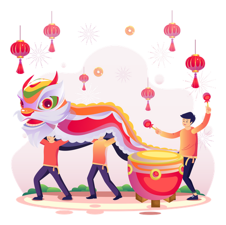 Célébrez le Nouvel An chinois avec des enfants asiatiques jouant avec un lion dansant chinois et un batteur battant le tambour, des feux d'artifice. Vecteur plat  Illustration