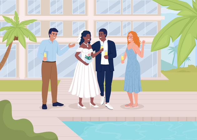 Célébrer une fête de mariage dans un complexe tropical avec des amis  Illustration