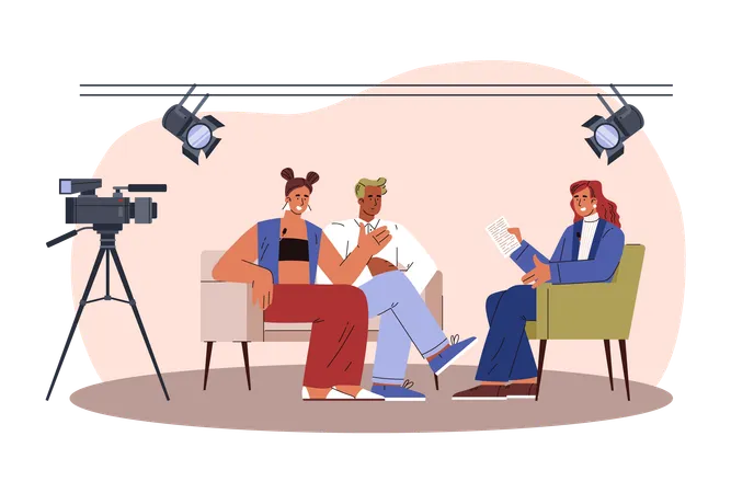 Celebrity giving interview to television presenter in broadcasting studio  Illustration